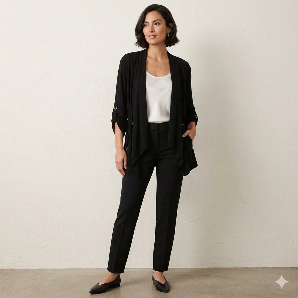 Chicos Travelers Black Acetate JKT Jacket Open Front Cardigan Roll Tab Size 1